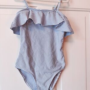 Okaidi Girls Striped Ruffle One-Piece Swimsuit - Blue & White